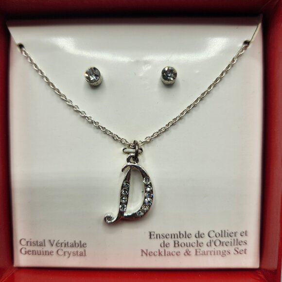 Genuine Crystal Letter D Pendant w/ Stud Earrings - Picture 1 of 9